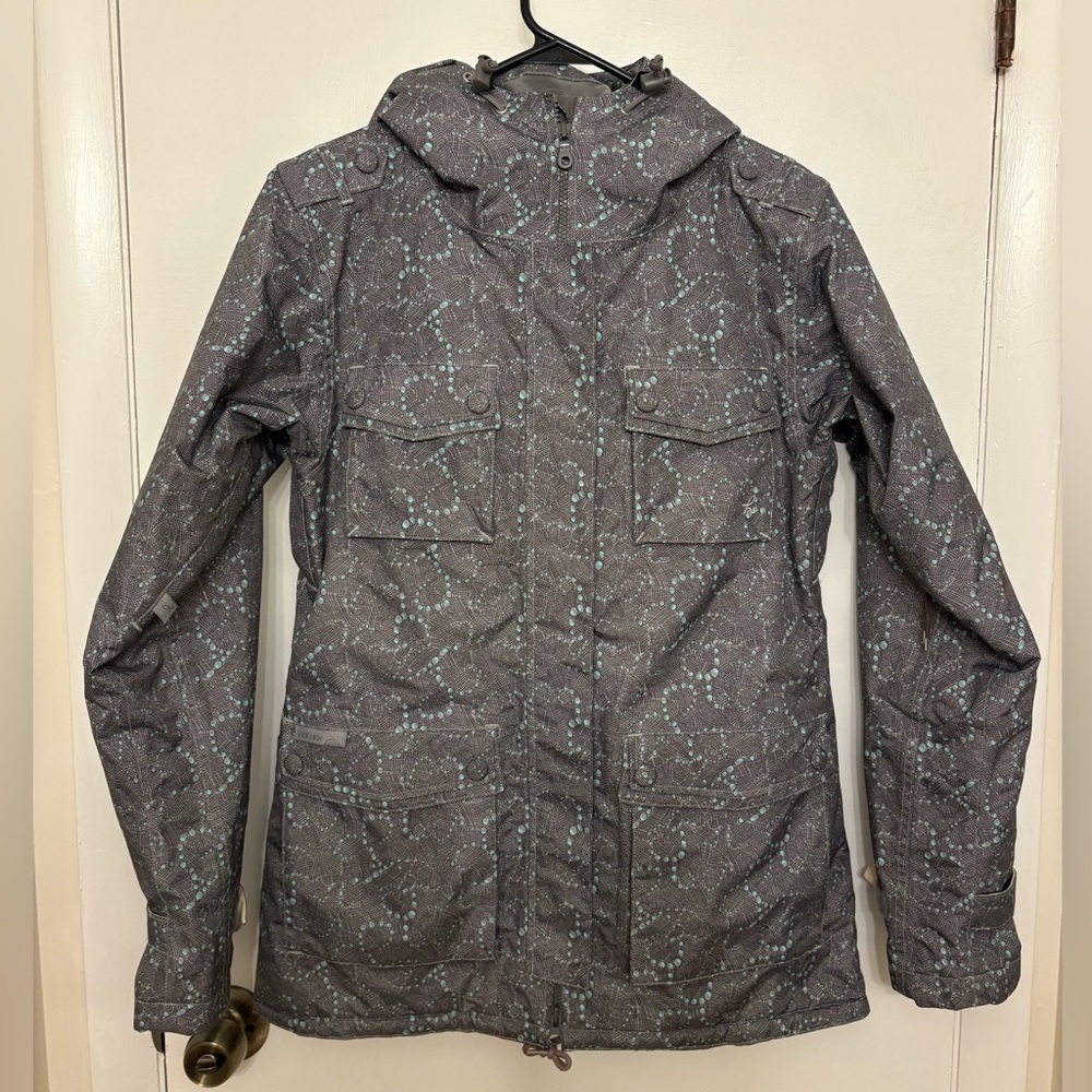 Holden Womens Ski Snowboard Jacket Gray Teal Pattern Hooded Parka M (RN 124620)